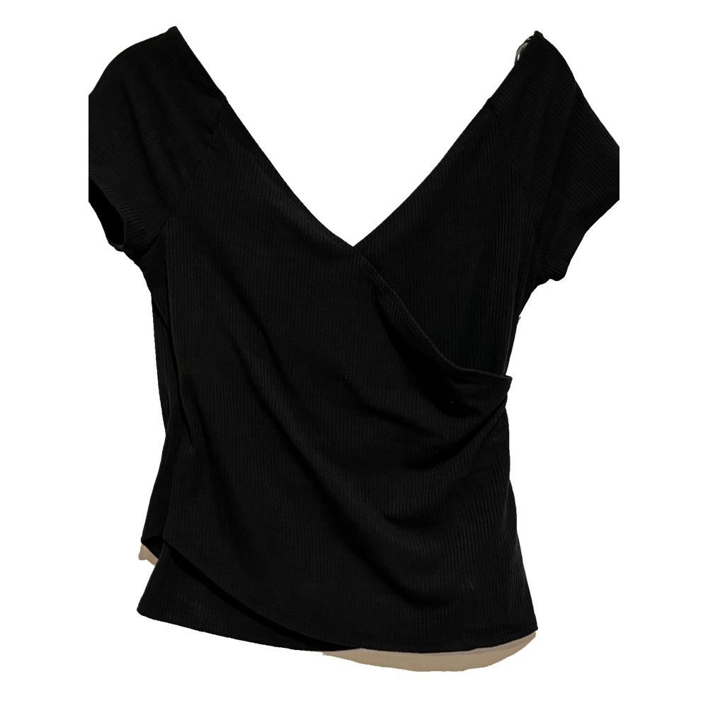 New Lush Women's‎ sz M Top Black V Neck crossover fitted Ribbed Sexy Witchy Vamp